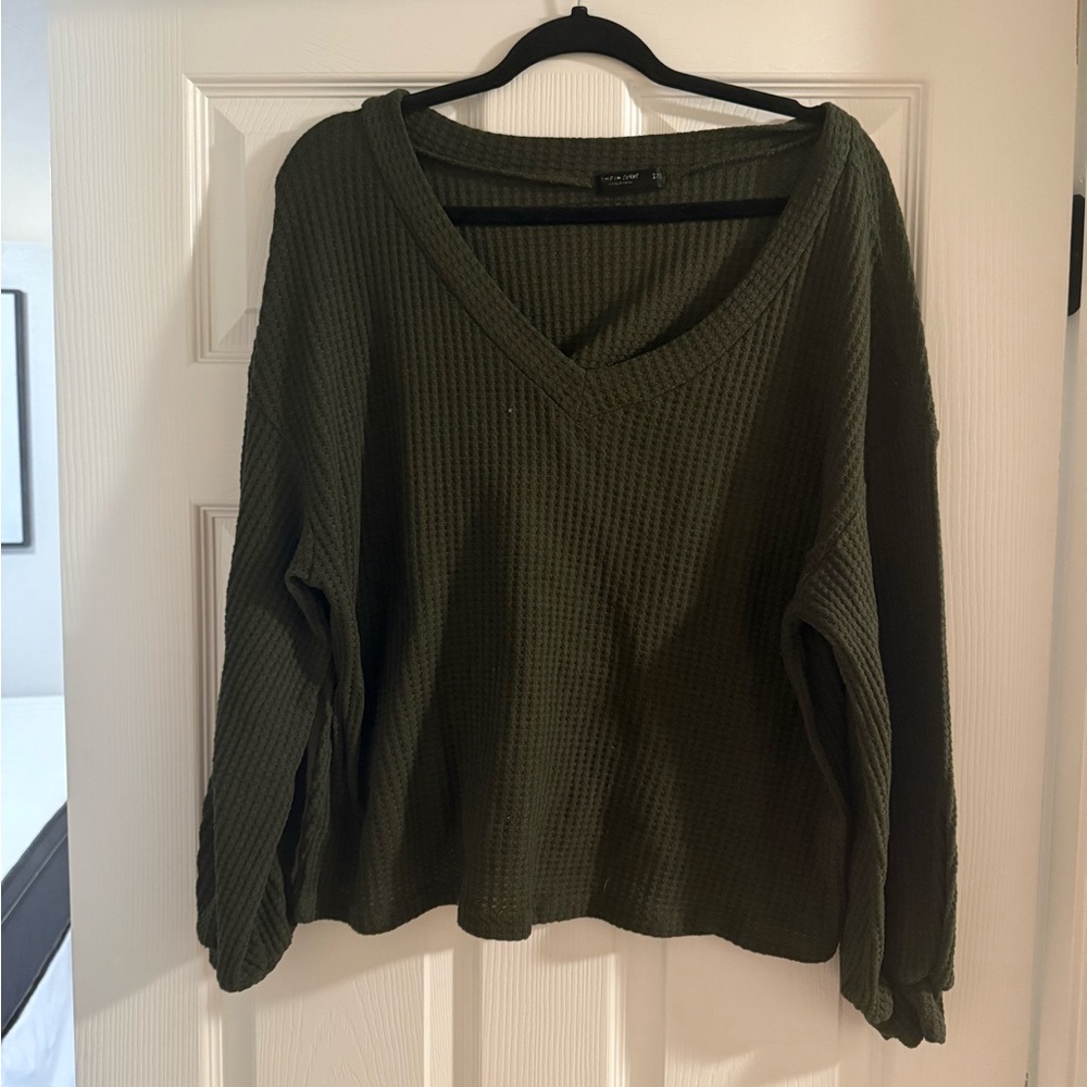 Olive Green V-Neck Waffle Knit Sweater